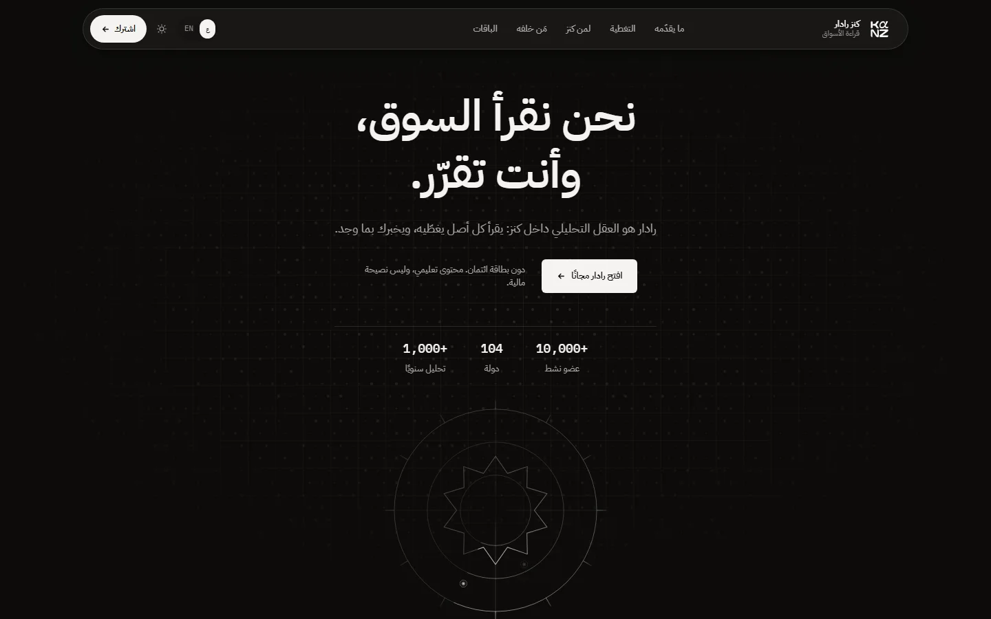 KANZ RADAR marketing site in Arabic in dark mode, with the tagline We read the market, you decide, three proof figures and a geometric radar drawing on a near-black ground